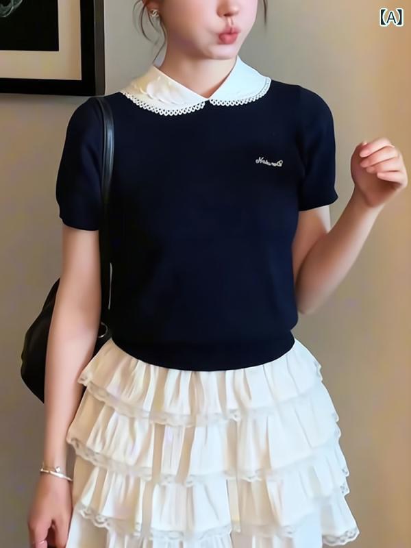 Rakuten - Tシャツ レディース 春夏 短袖 針織 コットン ネット素材 広幅 半袖 トップス 開襟 ドルマンスリーブ 固色 プリントなし ゆったり クロップド丈 ベビーコラー ドゥルーズ加工 ネイビー グレー イエロー 韓国風 カジュアル 日常使い 快適 コットン