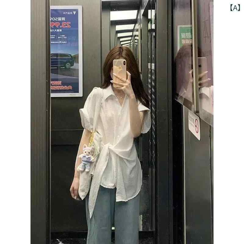 Three-Piece Set - レディース セットアップ シャツ ハイウエスト デニムパンツ 白色 ブルー 通勤 気質 韓国風 2025 夏 春夏 イレギュラー タイ ウエスト 切り替え ポリエステル 柔軟 純色 長パン 三分袖 コットン風 ポリエステル繊維 90% 以上 優雅 スタイ