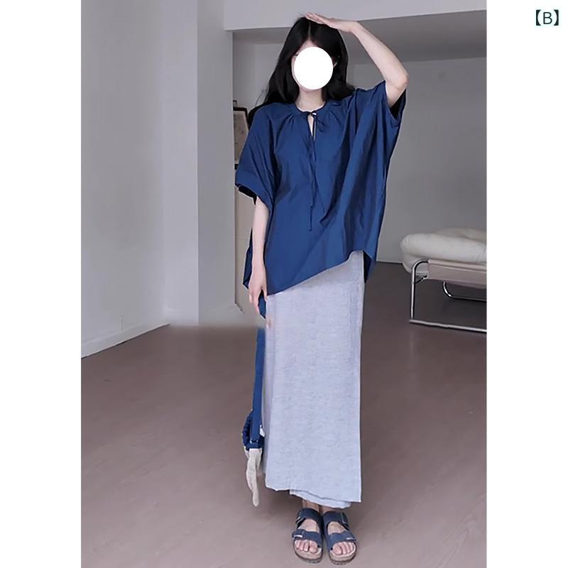 レディース セットアップ スカート ブラウス 気質 通勤 慵懒風 着こなし ブルー ゆったり 中袖 シャツ 上衣 ウエストコード 包みヒップ 半身スカート 長丈 スカート 腈纶 混紡 素材 女性 気質 通勤風 スカートセット アップ 定期袖 三分袖 ゆっ remake-buddy-10402924 リメイクバディー サンプル画像2