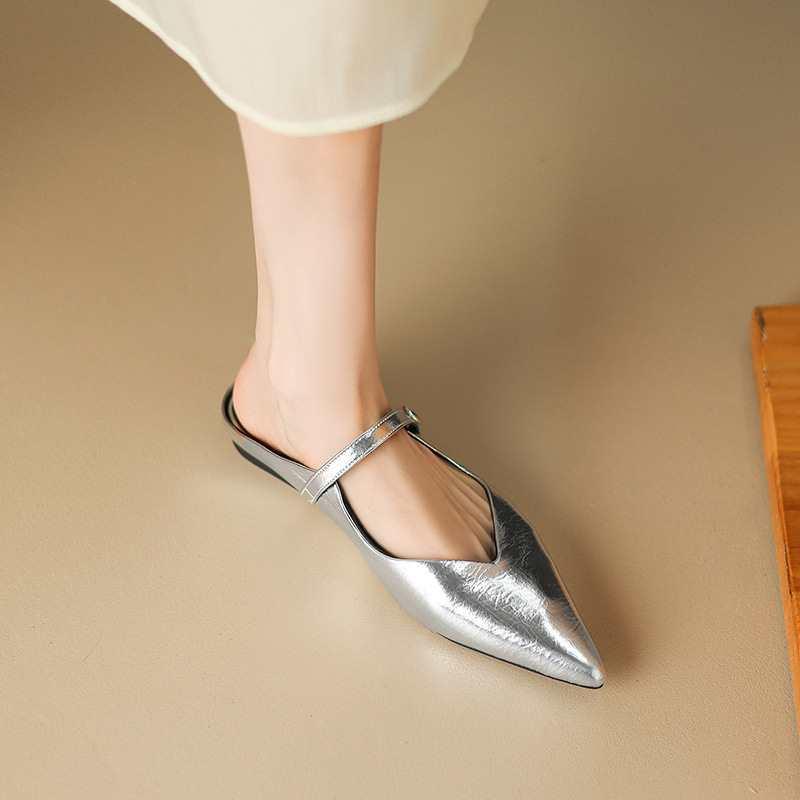 女性用 ムーレットシューズ 平底 包頭 ドラッグシューズ 牛皮 牛筋底 羊皮内里 純色 日常 黒 酒赤 銀 韓版 シンプル 百搭 夏季 オールシーズン 軽量 快適 通勤 普段使い アウトドア