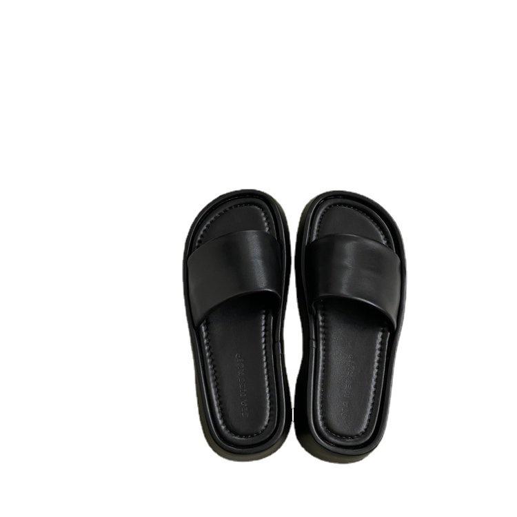 Women'S Shoes - サンダル 女性用 厚底 一文字 フラット ビーチサンダル 漆皮 黒 米白 丸頭 ラバーソール PU内張り 夏 春夏 トレンド 女性シューズ 日常使い 軽量 快適 防水 シンプル カジュアル