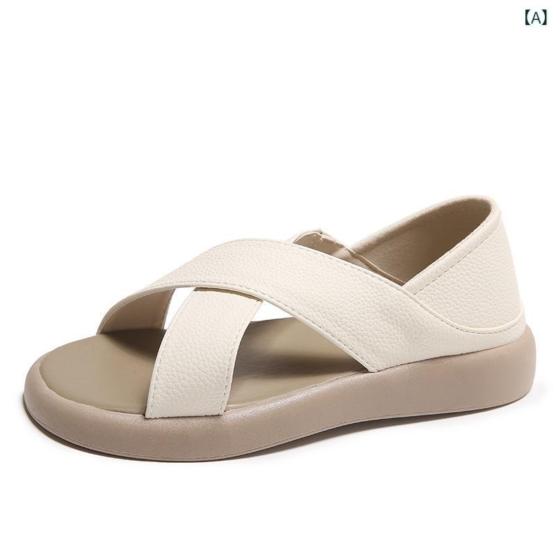 Other - 女性用 厚底 フィッシュマウス サンダル 米白 黒 黄 復古 クロス ストラップ フラット ローマン シューズ 丸頭 韓国風 PU 素材 ラバーソール 筒履き 超繊細 内張り 夏用 大きいサイズ 足元 おしゃれ 履きやすい 軽量 日常使い