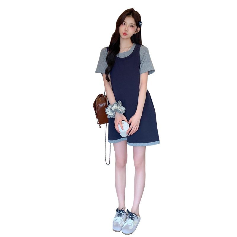 ワンピース レディース Tシャツワンピース 接触冷感 重ね着風 ミディアム丈 マタニティ 妊婦服 2丈 春夏