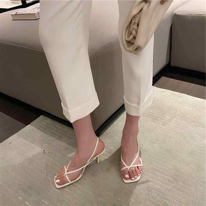 Other - 一字带 クッションサンダル 女性用 細帯 ハイヒール 仙女風 細ヒール 夏用 白色 黒色 杏色 尖頭 PU素材 韓版 春季 ゴム底 バックル式