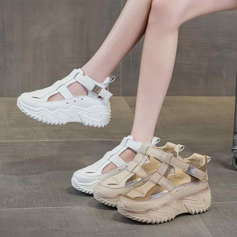 女性用 靴 夏季 透気 切り替え ラウンドトゥ 厚底 増高 スポーツ シューズ 老爹 スタイル 低幫 浅口 面ファスナー 純色 牛革 シュリンクレザー ポリウレタンソール 合成皮革内張り ランニング ウォーキング 日常使い 軽量 快適 白色 杏色 ブラウ