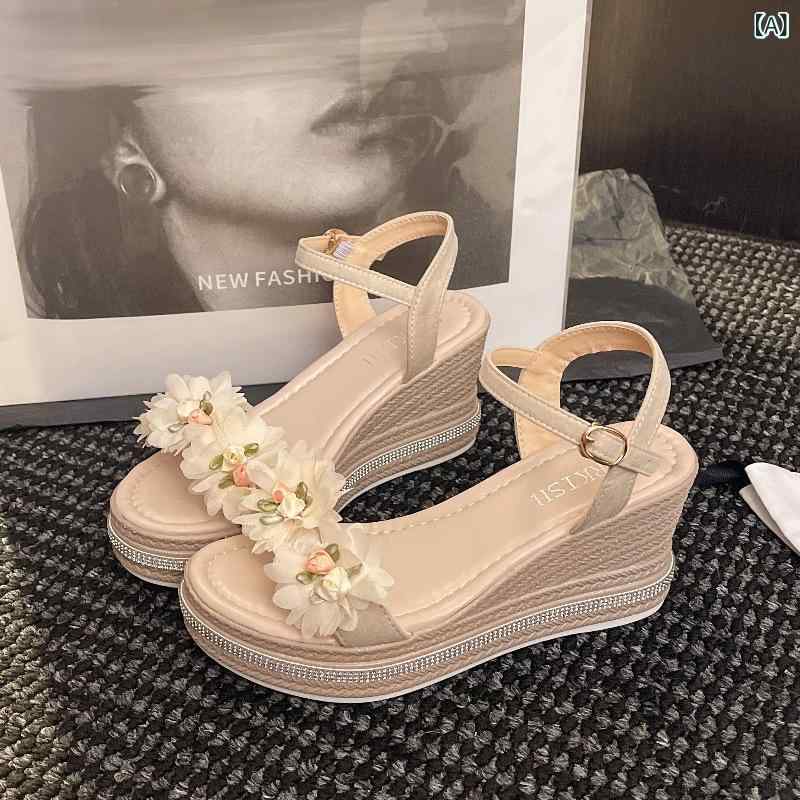 Women'S Shoes - 女性用 厚底サンダル 花柄 ストラップ ヒール ローマンシューズ 夏用 米白 ピンク 黒 丸トゥ PU素材 韓国スタイル スカートコーデ 仙女風 軽量 快適 履きやすい 普段使い