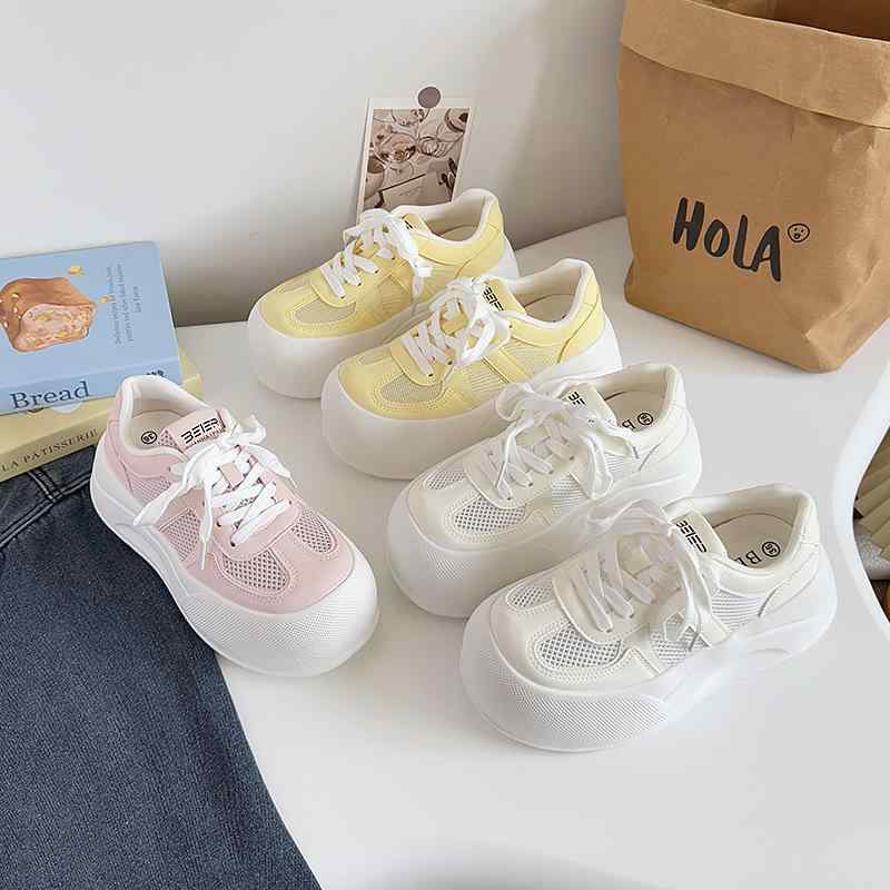 レディース 帆布スニーカー 厚底 低幫 透氣 純色 米白 粉色 黄色 春季 超軟 泡芙 網面 増高 小白鞋 女性用 キャンバスシューズ ゴム底 硫化加工 平底 韓流スタイル 軽量 通気性 日常使い カジュアル 春物