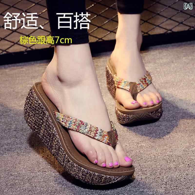 サンダル 女性用 夏 ファッション 屋外 中高ヒール ビーチシューズ トングサンダル 厚底 防滑 海辺 百搭 涼しい ラフィア ブラウン ベージュ ラフィア 素材 軽量 快適 歩きやすい 履き心地 良い 女性 足元 コーディネート