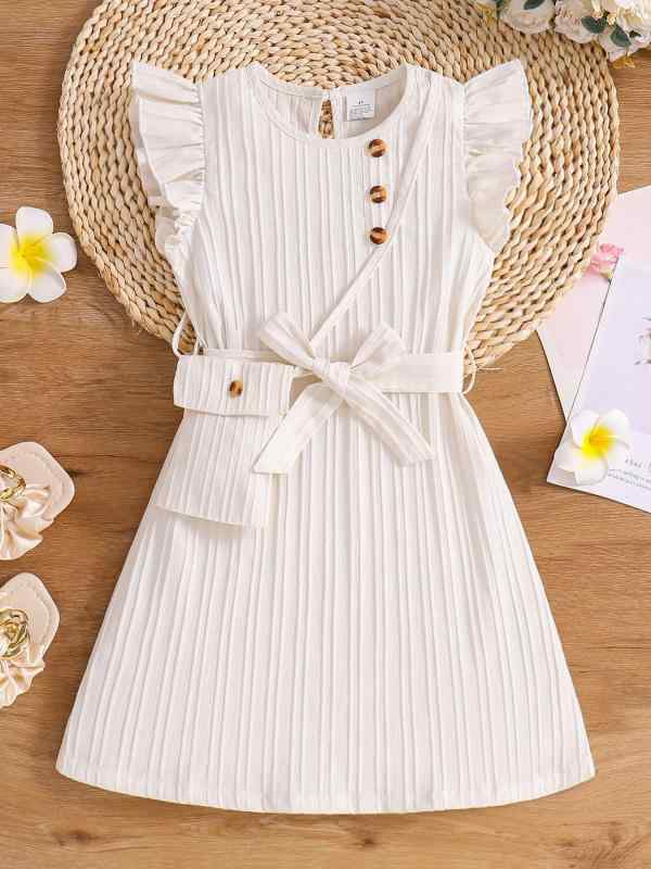 Dresses - 女の子 ワンピース かわいい 甘め 連衣裙 純色 蝶ネクタイ ウエスト ベルト セット 付属 バッグ 米白 ミルクホワイト アイボリー コットンライク ポリエステル スパンデックス 混紡 伸縮性 柔らか 短袖 フリル スカート 裾 加工 裏地 付き 中小