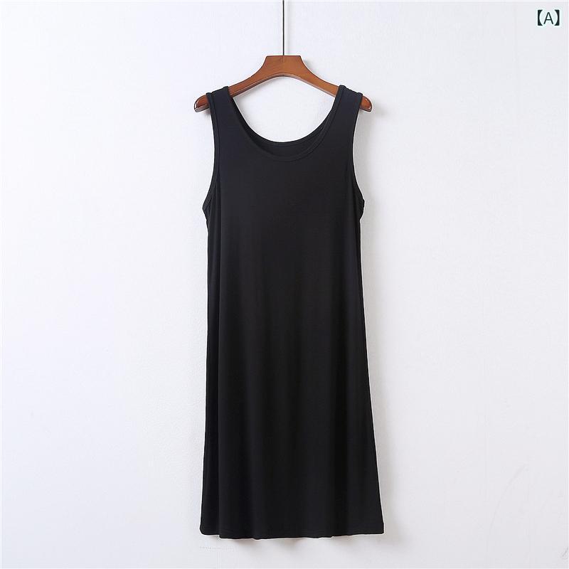 Dresses - ワンピース レディース 吊り紐 黒 白色 グレー モダール 純色 Aライン 中長丈 高腰 無袖 丸首 セットアップ 日韓 カジュアル シンプル オールシーズン 軽量 柔らかい 肌触り 通勤 普段使い デート