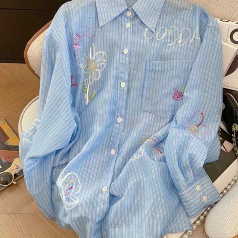 Other - レディース シャツ 長袖 ブルー 条紋 刺繍 ラインストーン ルーズフィット 薄手 UVカット 防風 通勤 都市 カジュアル アセテート繊維 95%以上 ハングネック フレアスリーブ 気質 スタイル ボタン