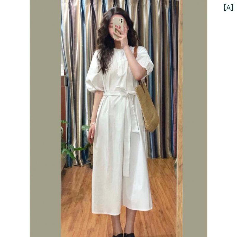 ・スタイル: 休闲风・柄: 纯色・工艺: 拼贴/拼接・スタイル: 日韩休闲・組み合わせ: 单件・スカート丈: 長裙・スカート型: A字裙・ネックライン: 圆领・袖型: 灯笼袖・袖丈: 五分袖・ウエスト型: 宽松腰・流行要素: 腰带・主素材: 其它・カラー展開: 白色・サイズ展開: S,M,L,XL・スカートカテゴリ: 连衣裙