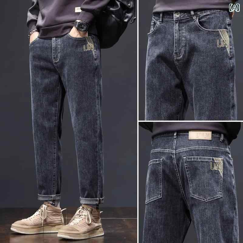 Pants - デニムパンツ メンズ 韓国風 ハーレム ワイドレッグ ストレート ロングパンツ コットン ストレッチ 刺繍 ワッシャー加工 ミドルウエスト ジップフライ 秋 グレー 黒 ブルー ブルーグレー ポケット 装飾 コーンシェイプ スモールストレート 脚口 ゆっ