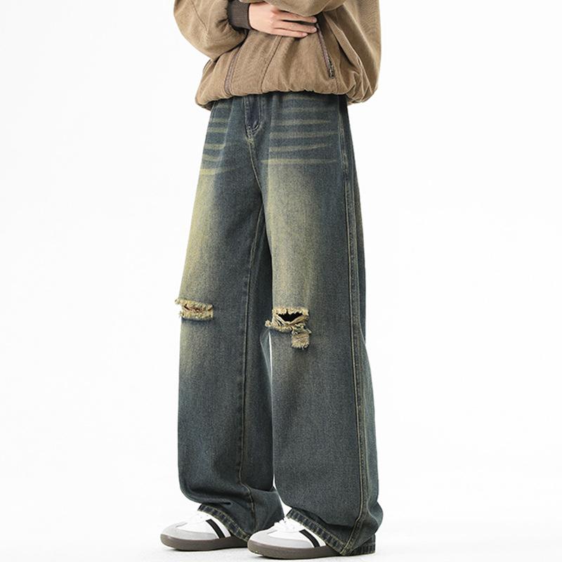 Pants - メンズ 牛仔パンツ 破れ加工 ゆったり ワイドレッグ 直筒 薄手 水洗 コットン 再生繊維 ポリエステル ミックス ミドルウエスト ジップフライ ノンストレッチ ロング丈 夏 懷旧黄 懷旧藍 黒灰 休闲 街着 デイリー ユース 韓国風 トレンド スタイリ