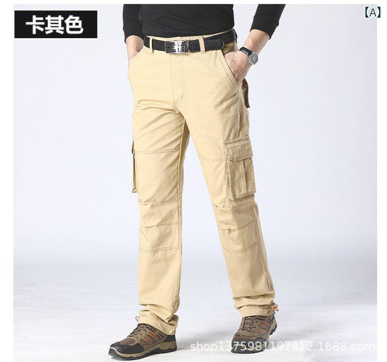 Pants - メンズ 工装パンツ 秋冬 直筒 ワイドレッグ 韓国風 トレンド スポーツ ゆったり コットン 微弾性 多ポケット 透気性 防裂 カラキ グレー ブラック キャンバス ミリタリー 秋 冬 長ズボン 中腰 ジップ 普通厚 無ベルト 純色 青少年 成人 休闲