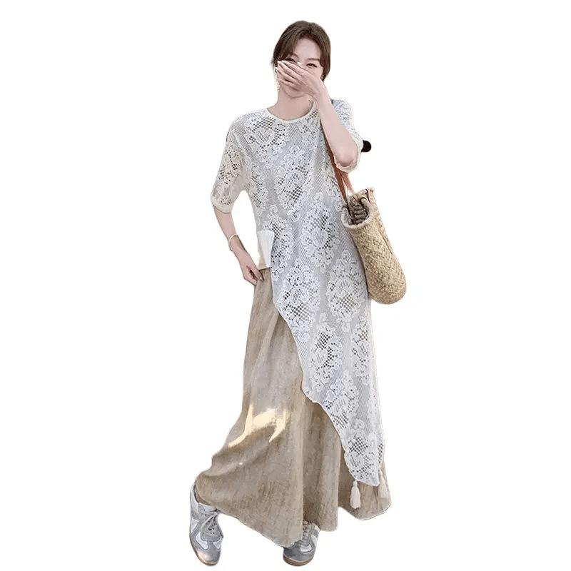 ワンピース マタニティ レディース 春夏 妊婦服 ロング丈 マキシ丈 ゆったり 涼しい チュニック カットアウト 切り抜きデザイン おしゃれ きれいめ カジュアル 体型カバー 普段使い お出かけ 上品 大人可愛い 抜け感 フェミニン シンプル ナチュラル・カテゴリ: セットアップ・柄: グラデーション・袖丈: 五分袖・素材: アクリル・素材混用率: 70-80%・カラー展開: ホワイトレースブラウス, ブラウンスカート, ブラウス+ブラウンスカート・サイズ展開: M,L,XL,2XL・セットアップスタイル: スカートセットアップ・スタイル: フレッシュ・スイート・スカート丈: ミモレ丈・袖型: レギュラー袖・工芸: 捺染