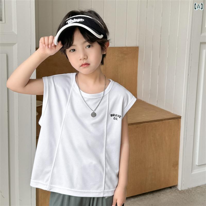 乐天商城 - 男の子 無袖 背心 キッズ Tシャツ メッシュ 涼しい 速乾 綿ポリエステル 丸首 ゆったり トップス 夏用 純色 潮風 柔らかい 素材 白 黒 110cm 120cm 130cm 140cm 150cm 160cm 170cm 8歳以上 中学生 大学生