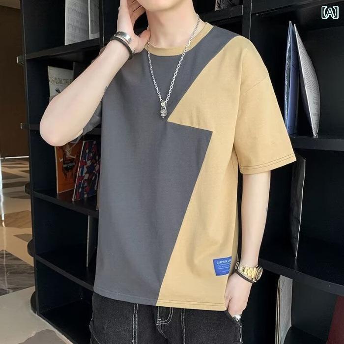 乐天商城 - Tシャツ メンズ 短袖 切り替え デザイン 丸首 薄手 ゆったり シルエット 化繊混紡 ストライプ柄 接触冷感 日常 着用 深灰 浅灰 青 夏 涼しい 涼感素材 トレンド スタイル 18-24歳 向け 軽量 トップス 男性用 半袖