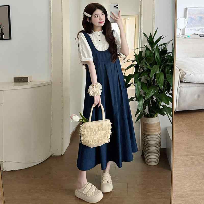 セットアップ 妊婦 マタニティ 服 半袖 シャツ デニム ジャンパースカート 韓国風 夏 カジュアル 通勤 普段使い 伸縮性 動きやすい 快適