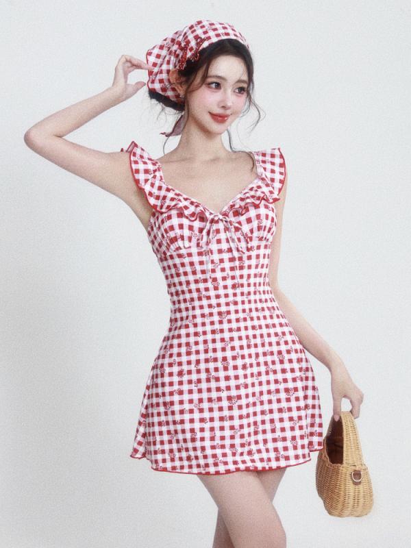 Two-Piece - レディース 水着 ビキニ スカート付き 分体 保守的 格子柄 かわいい 甘め 復古風 少女 スリム効果 速乾 性感 タイト 背中開き 耐久 小清新 高腰 無袖 赤 錦纶 ライクラ 胸パッド ノーワイヤー スイムウェア ビーチ プール 水中運動 軽量 伸縮