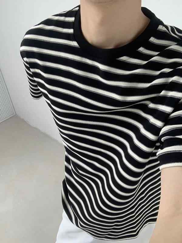 Garments - メンズ Tシャツ 黒 白 条紋 短袖 半袖 トップス 夏季 春夏 綿 混紡 透気 日常 日常着 青少年 男性用 18-24歳 幅広 ゆったり シルエット 無地 プリント 香港風 文化柄 丸首 ノーカラー 袖 普通 厚み 250-300g 軽量 涼しい ス