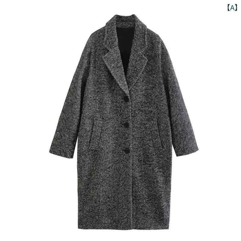 乐天商城 - レディース コート 斜紋 デザイン 女性用 長袖 中厚手 ポリエステル 素材 抽象 柄 無領 中長丈 シングルブレスト ボタン 街頭 スタイル トレンド 個性 ファッション ミックス マッチ コート コート 冬 アイテム 暖か 軽量 コート コート