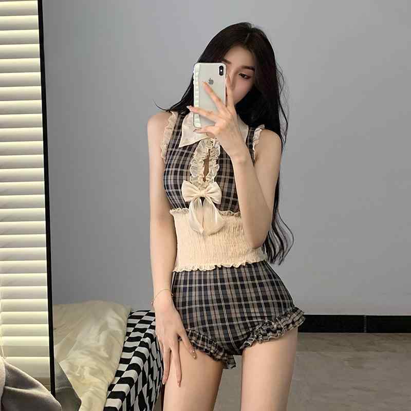 Two-Piece - レディース ワンピース ワンピース水着 セクシー 清楚 保守 格子柄 ニチロン ポリエステル 胸パッド ワイヤー プール 温泉 ビーチ 軽量 速乾