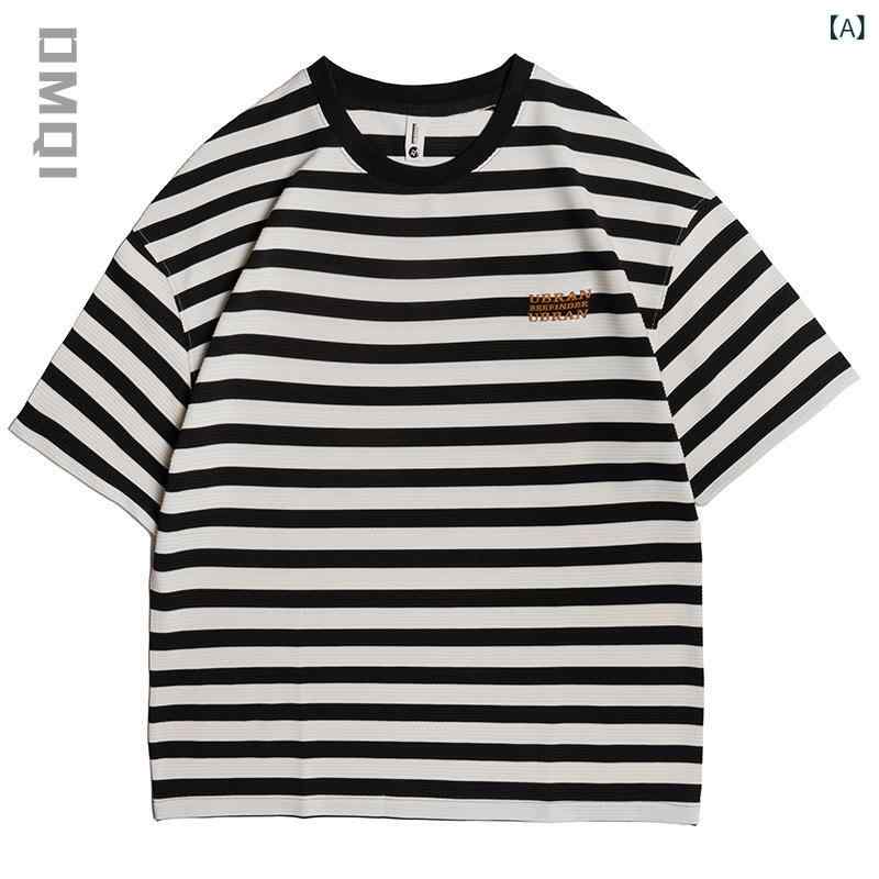 Rakuten - Tシャツ メンズ 短袖 黒 条紋 綿 素材 薄手 ワイド ルーズ フィット 日式 ヴィンテージ風 無地 刺繍 立体 裁剪 丸首 セットアップ フリー スポーツ シーン 抑菌 機能 夏 シーズン ティーン 向け カジュアル スタイル トップス 半袖 ブラッ