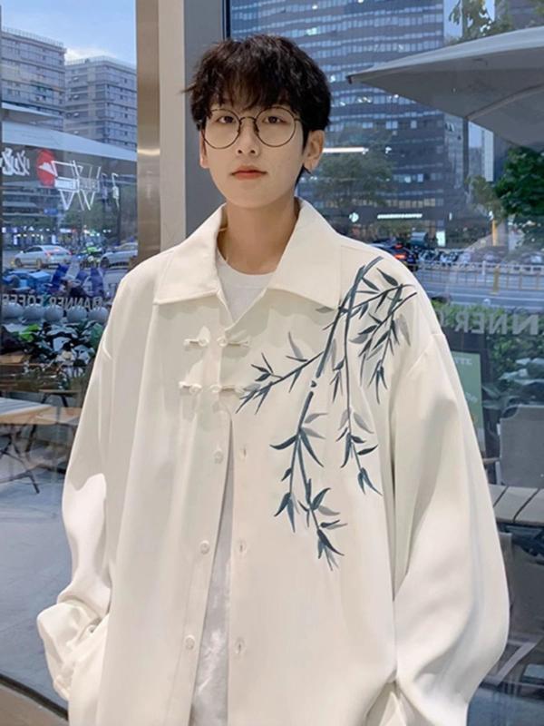 Casual Shirts - メンズ シャツ 漢服 竹刺繍 長袖 開襟 盤扣 中国風 道袍 唐装 トップス 立襟 ワイドシルエット フラワー柄 透気性 化繊混紡 ポリエステル 日常着 春 秋 シーズン 白 黒 青少年向け ゆったり 免アイロン インナー ルームウェア カジュアル 着こ