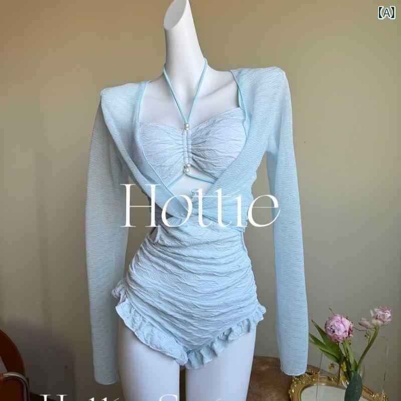 Two-Piece - レディース ワンピース水着 長袖 ベビーブルー ポリエステル 胸パッド ノンワイヤー 海水浴 プール 保守デザイン 速乾素材 伸縮性 女性用 夏用 スイムウェア ビーチウェア