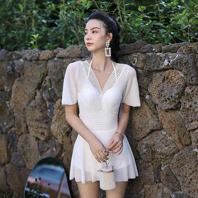 Two-Piece - レディース ワンピース水着 韓国風 連体 スカート 腹部カバー スリム ワイヤー入り 胸寄せ 温泉 プール 泳ぐ スポーツ 潮流 純色 高伸縮 耐久 短袖 ナイロン ポリエステル スパンデックス 白 黒 M L XL XXL