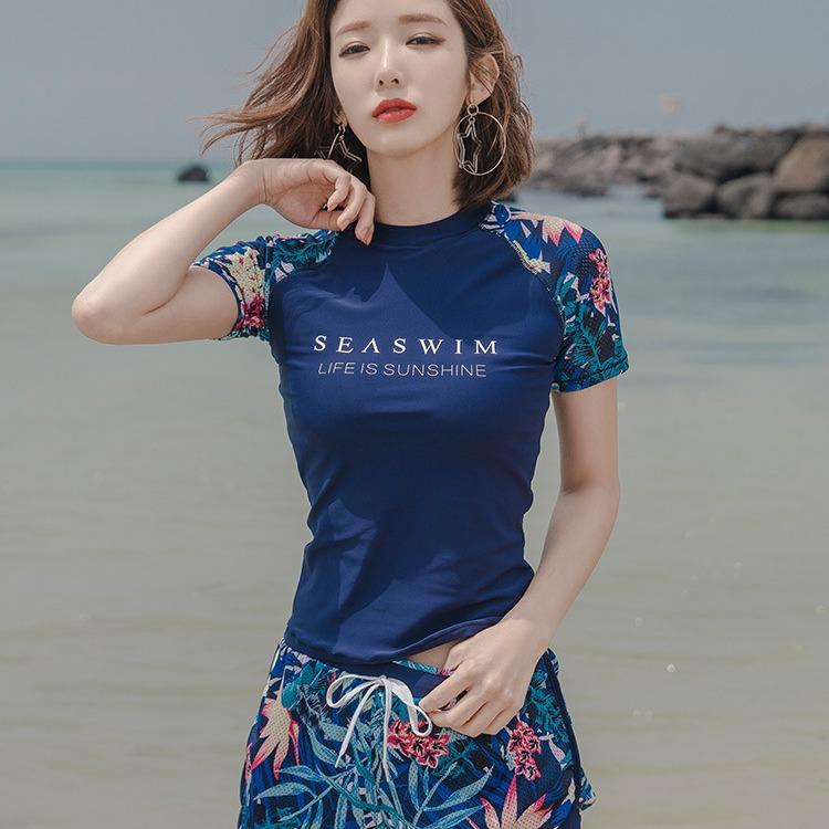 乐天商城 - レディース セパレート 水着 韓国風 短袖 トップス 防晒 腹隠し スリム 温泉 泳ぎ 保守 セクシー 小清新 ピンク 湖ブルー 紫ラン ポリエステル 生地 胸パッド 無ワイヤー 成人 女性 プール 海 水泳 スポーツ