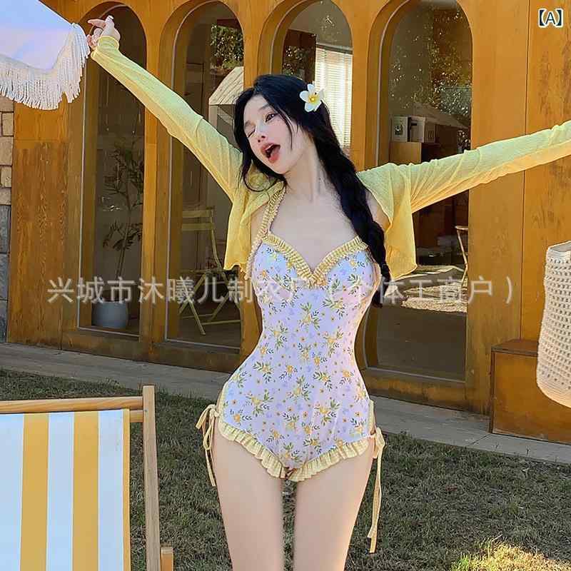 Two-Piece - レディース ビキニ ワンピース水着 長袖 露背 セクシー 胸元ガード 碎花柄 黄色 涤纶素材 伸縮性 速乾 軽量 スイムウェア ビーチウェア 温泉水着 かわいい フレッシュ プリント 甘め 女性用 成人向け プール用 海水浴用 花柄デザイン 黄色系 ポリ
