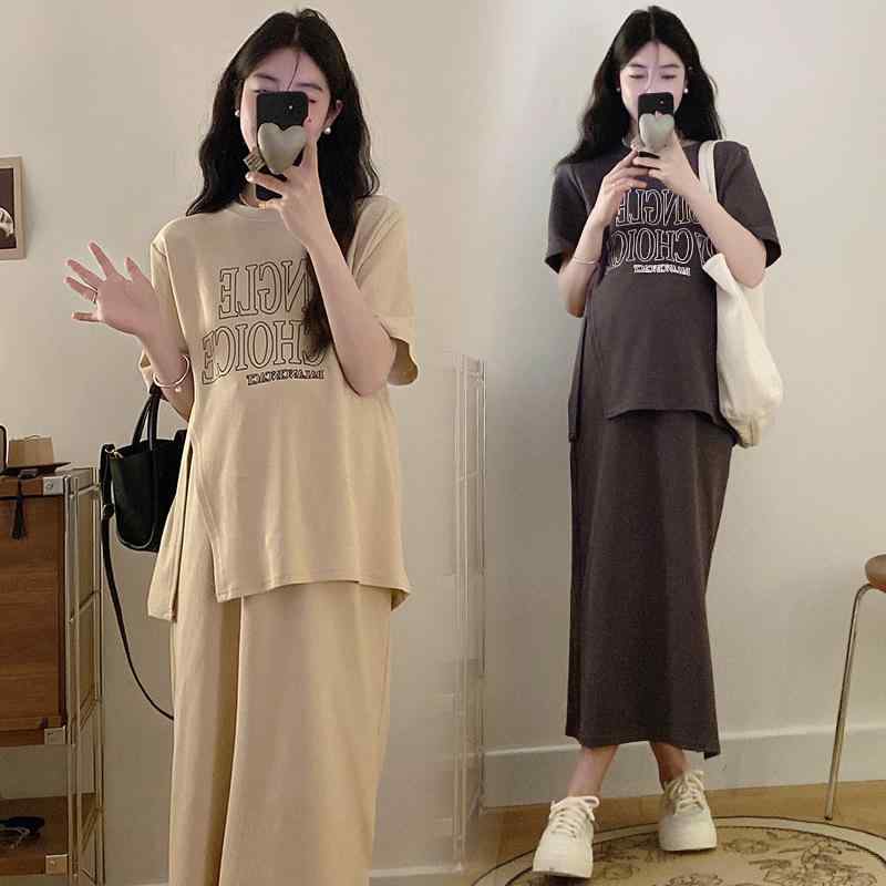 セットアップ 妊婦 マタニティ 服 トップス スカート 2点セット ゆったり スリット 調節ベルト付き 産前 産後 カジュアル ナチュラル マタニティウェア