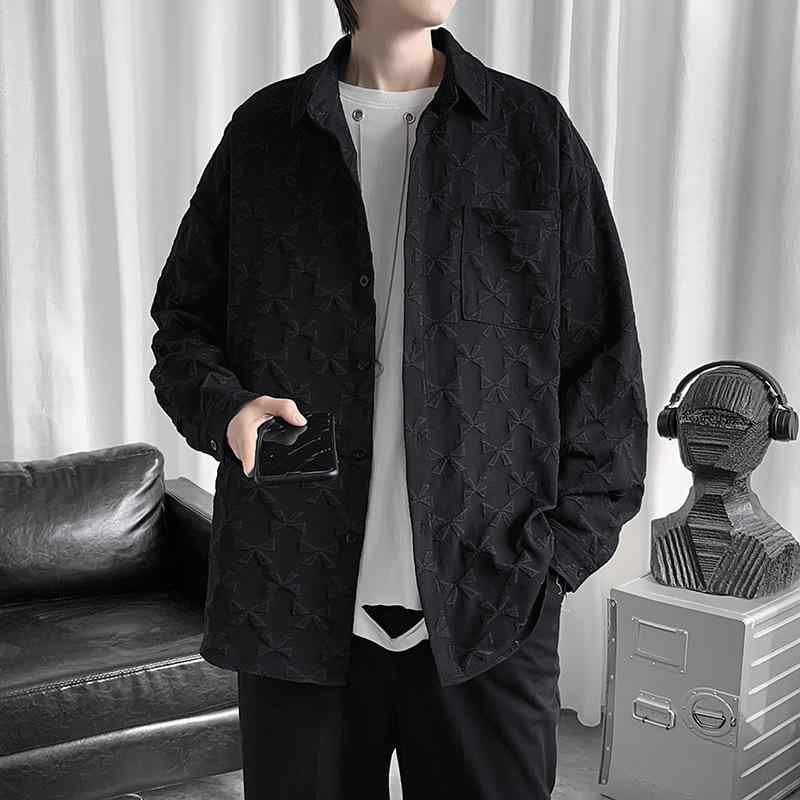 乐天商城 - メンズ 長袖シャツ トップス 春 春秋 デザイン 個性 港風 日系 外套 潮流 インス風 開衫 ルーズ スタンドカラー ソリッドカラー プリント ポリエステル 耐摩耗 防汚 ノーアイロン ゆったり 青年 カジュアル 白 黒 軽量 伸縮性