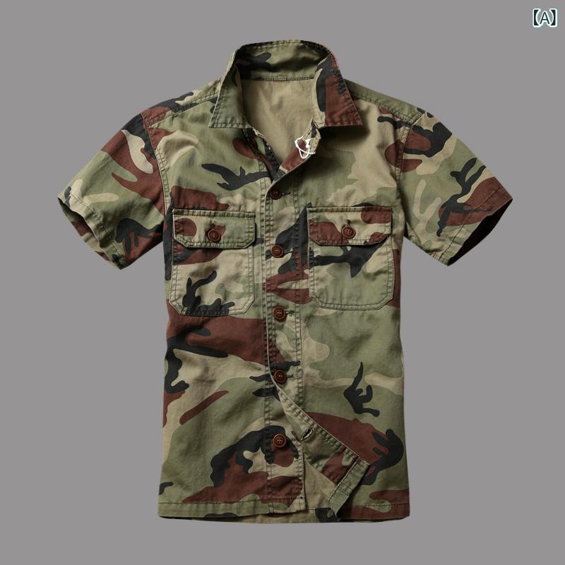 Rakuten - メンズ シャツ 短袖 迷彩 アメリカンスタイル 工装軍旅 ジャケット 綿素材 耐摩耗 尖襟 合体型 ポケット 装飾 斜紋布 青年向け 休闲 カジュアル 春夏 夏季 2025年 山地迷彩 美軍迷彩 丛林迷彩