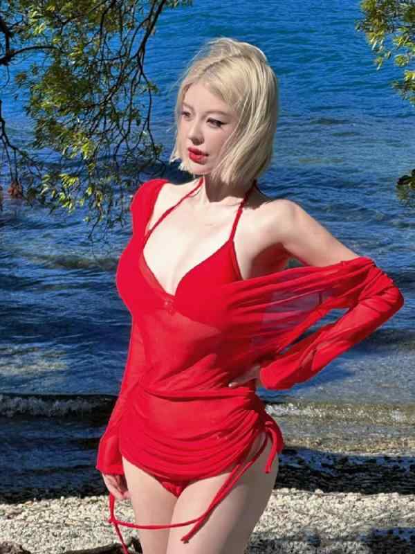 樂天商城 - レディース ビキニ 水着 セパレート セクシー ロングスリーブ 赤 女性用 泳装 セクシー タイト 高伸縮 小清新 欧米風 鋼線ブラ 無パッド ニット ポリウレタン ポリエステル ライニング 泳ぎ 水中運動 赤 長袖 三角ビキニ 平角ビキニ スカートビキ