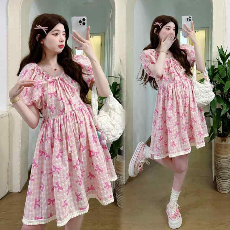 ワンピース 妊婦服 レディース マタニティウェア 膝丈 Aライン 清楚系 かわいい レース フリル 袖コンシャス フレアシルエット ゆったり 体型カバー お出かけ用 普段使い 妊娠初期 中期 後期 春夏