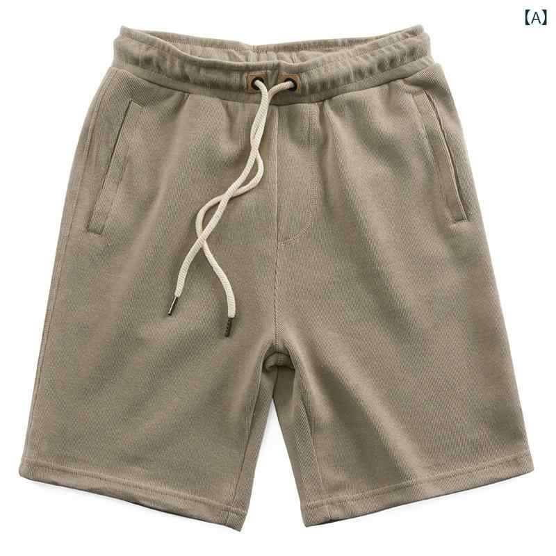 Other - メンズ ショートパンツ 夏用 ニット 生地 重厚 コットン 風 ワイド レッグ イージー フィット コットン 混紡 速乾 素材 微 弾力 日常 着用 運動 スタイル 直筒 裾 縫い目 装飾 灰 黒 カーキ 涼しい 軽量 快適 ミッド ライズ ドローストリ