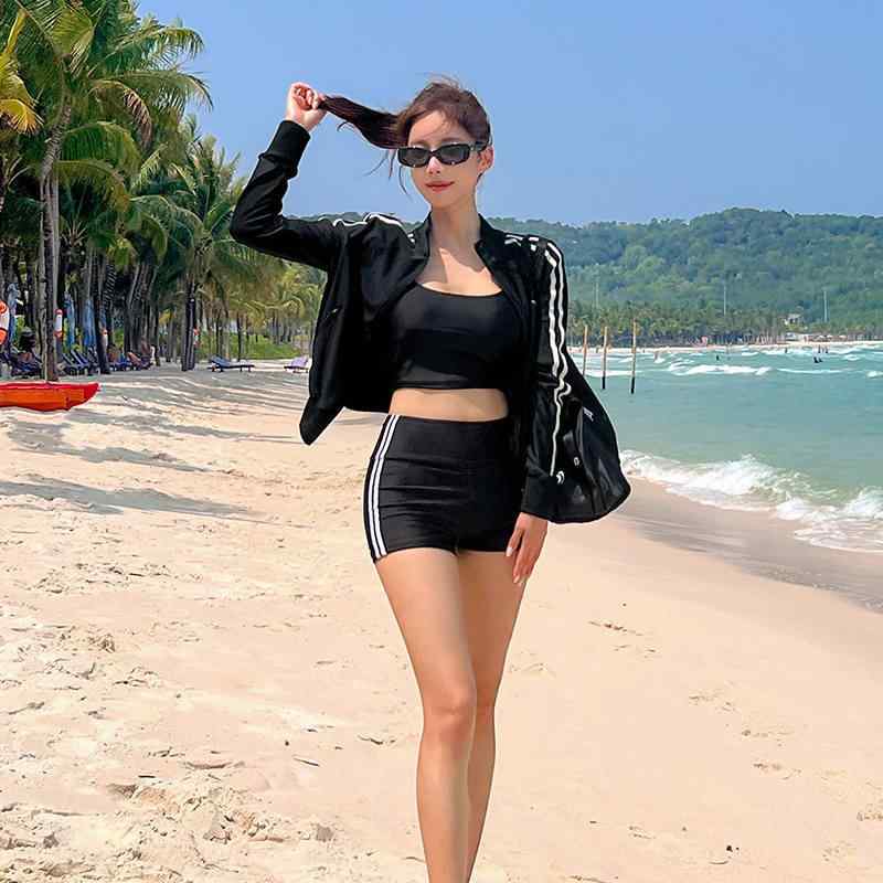 水着 レディース セパレート 3点セット 長袖 カーディガン ショートパンツ ハイウエスト 日焼け防止 体型カバー スポーティー 韓国風 オールシーズン・性別: 女性・柄: 無地・スタイル: 韓国風、速乾、日本風、セクシー、タイト、高弾力、ナチュラル、欧米風、コンサバティブ・仕様: 胸パッド付き（ワイヤーなし）・誤差: 1cm・素材: ナイロン82%・重量: 300g・裏地素材: ライクラ、スパンデックス18%・用途: 水泳、水中スポーツ・カラー展開: ブラック三点セット・サイズ展開: M、L、XL、XXL・タイプ: 三点セット