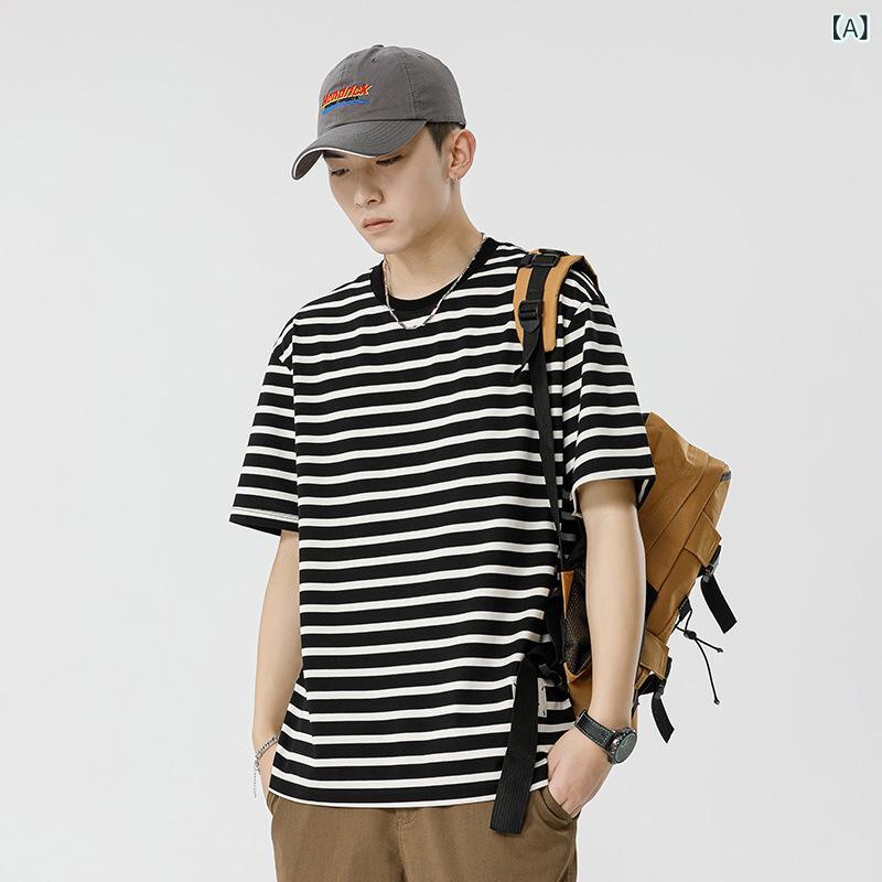 樂天商城 - メンズ Tシャツ 短袖 半袖 条紋 柄 綿 素材 幅広 シルエット ゆったり トップス 丸首 肩落とし 袖 夏 シーズン 黒 米白 色 青少年 向け 成人 男性用 休闲 スタイル カジュアル 日常 使い 海魂 デザイン 免烫 加工 軽量 吸汗 速乾 機能