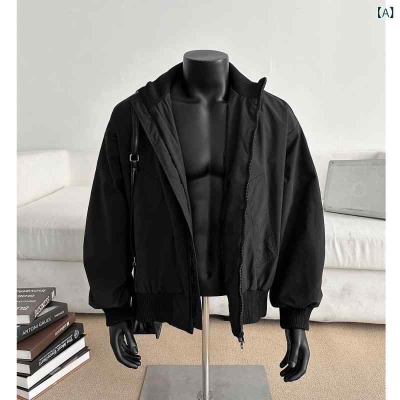 Other - メンズ ジャケット フライトジャケット 復古風 立領 長袖 ワイドシルエット 防風 ポリエステル混紡 ロコウボトム サイドポケット ジップアップ ユニセックス 黒 軍緑 紺 ブラウン 春秋 春夏 秋冬 ストレートヘム ミリタリー風 カジュアル 街着 アウ