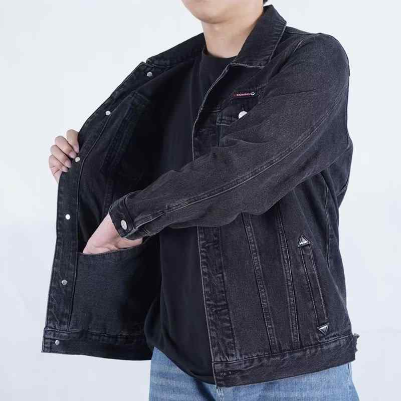 Rakuten - メンズ ジャケット ワーク デニム コットン 素材 長袖 黒 灰色 ブルー 色 翻領 ワイド フィット シングル ボタン 直 裾 ステッチ ポケット ルーズ スタイル 秋 シーズン ティーン 向け キャジュアル 普段使い アウトドア トップス コート 軽