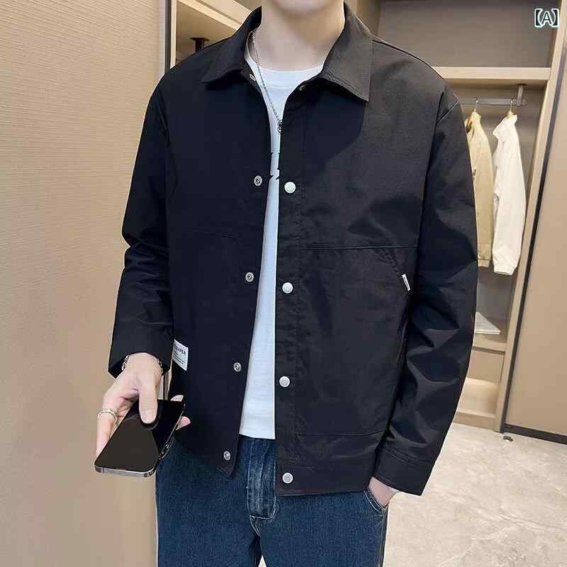 Blazer - メンズ ジャケット 春夏秋冬 翻領 スリムフィット 長袖 薄手 コットン混紡 耐摩耗 防裂 ピッチ明線 直裾 サイドポケット ジップアップ ノーハット ピンカラー 黒 緑 緑 青少年 成人 カジュアル 青春流行 合体型 免烫 日常 外出