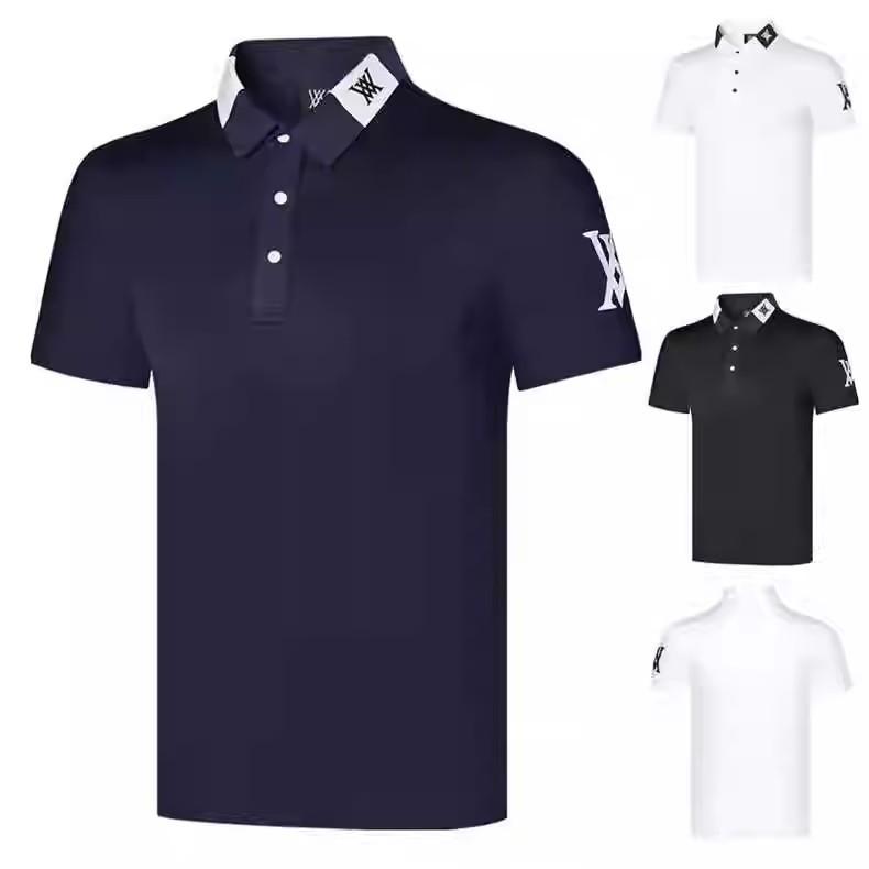 Men's Golf Polo Shirt, Short Sleeve, T-Shirt, Moisture-Wicking, Quick-Drying, Stretchable Cotton Material, Cotton Lining, Running, Fitness, Golf Wear, Summer Season, Available in Blue, White, and Black Color Variations.