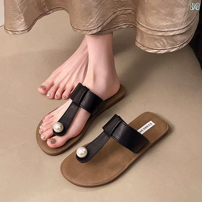 女性用 フラットサンダル 森ガール風 レトロ ストラップ 2025 気品 夏 真珠 ビーチ リゾート 外出 スリッポン シューズ 韓国スタイル PU素材 ゴム底 増高 防滑 耐磨 黒 米白