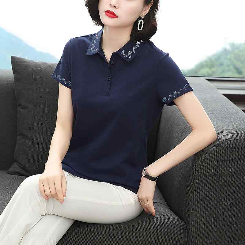 Polo Shirt - レディース ポロ 襟 短袖 Tシャツ 綿 刺繍 花柄 セットアップ ボタン 深 黒 夏 春夏 トップス シャツ 小衫 母子 コーデ ゆったり 大きめ サイズ 日常 外出 軽量 通勤 普段使い