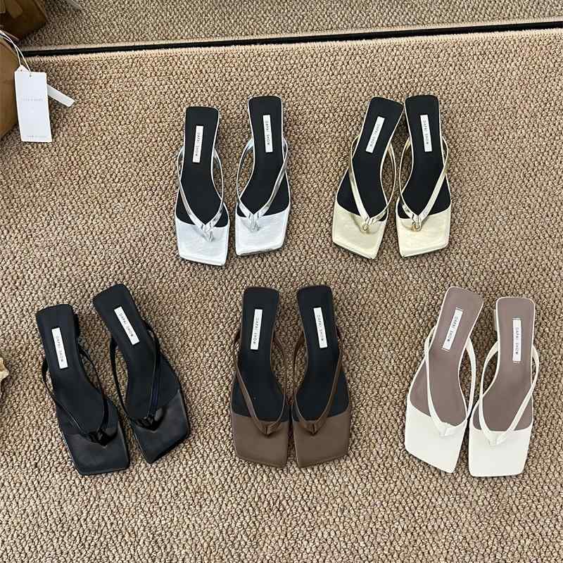 Shoes - 女性用 夏 サンダル 人字 粗中ヒール 方頭 気質 銀 黒 米白 超纤素材 外履き ビーチ 街履き 軽量 快適 歩きやすい