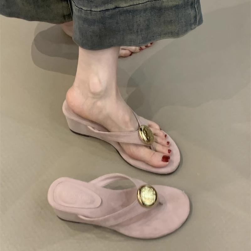 Ballet Shoes - 女性 靴 フラットシューズ 甘め かわいい 仙女風 夏 2025 フレンチ クール エレガント メタルバックル トゥオープン ウェッジヒール ストラップサンダル 黒 ピンク シルバー スエード素材 ラバーソール 軽量 快適 通勤 デイリー ビーチ 足元お