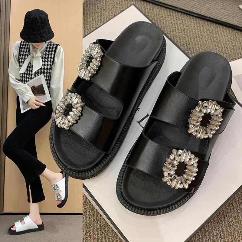 サンダル 女性用 韓国風 ワンストラップ スクエアバックル ラインストーン ダブルストラップ 厚底 ビーチサンダル 黒 米白 白 丸トゥ PU素材 ゴムソール 春夏 休日 外出 軽量 カジュアル